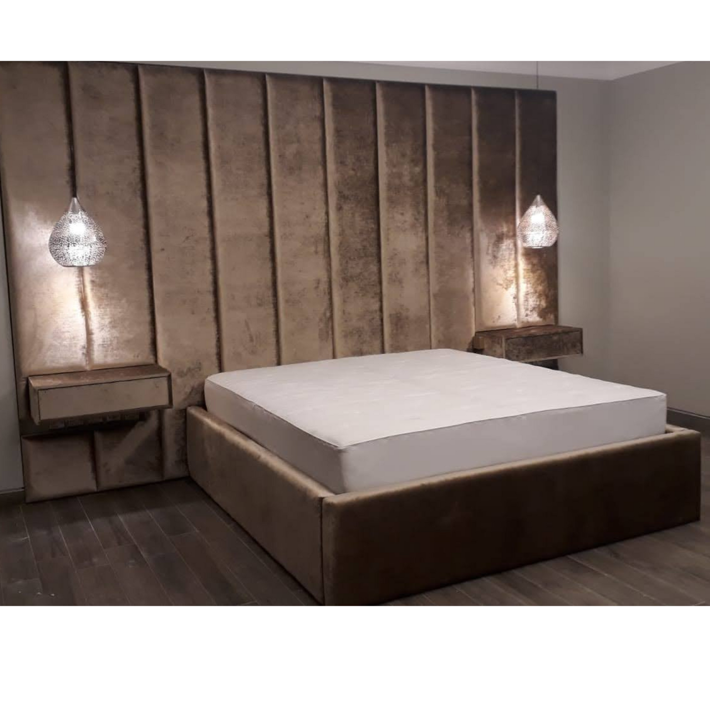 'Orion' Velvet Vertical Panel Bed with Integrated Nightstands