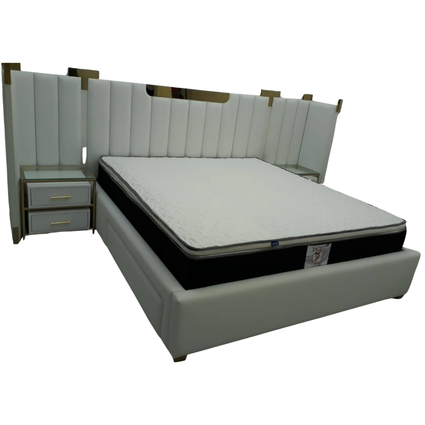'Aura' Modern Upholstered Bed with Integrated Side Tables