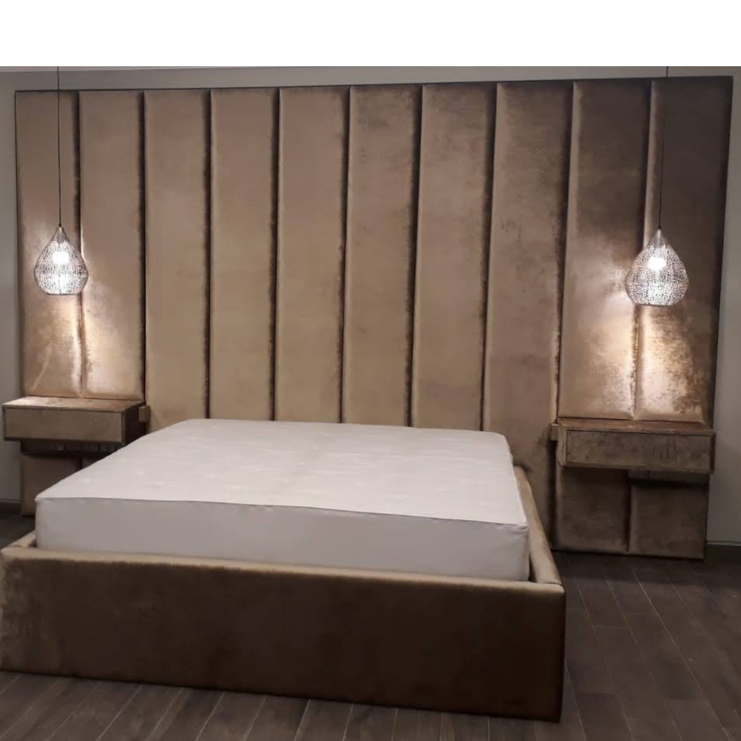 'Orion' Velvet Vertical Panel Bed with Integrated Nightstands