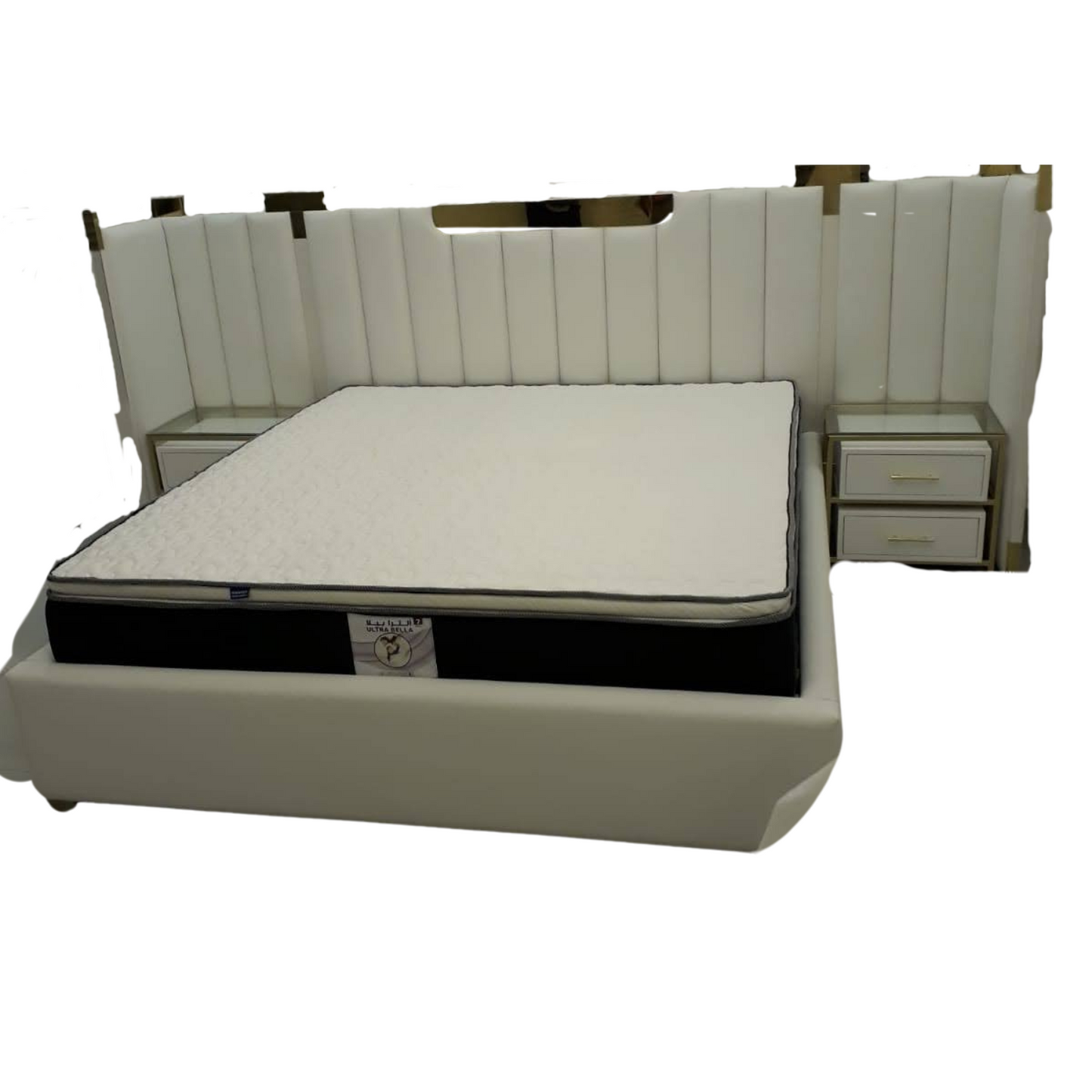 'Aura' Modern Upholstered Bed with Integrated Side Tables