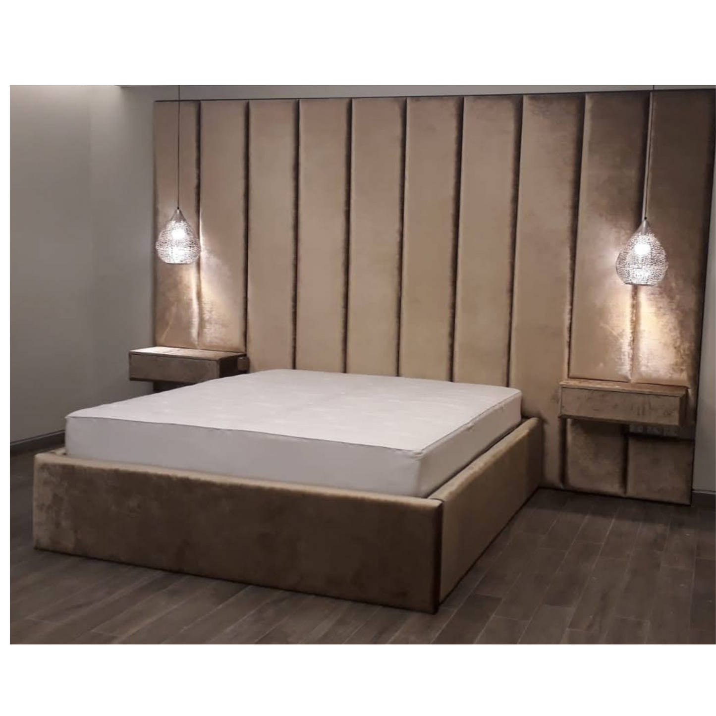 'Orion' Velvet Vertical Panel Bed with Integrated Nightstands