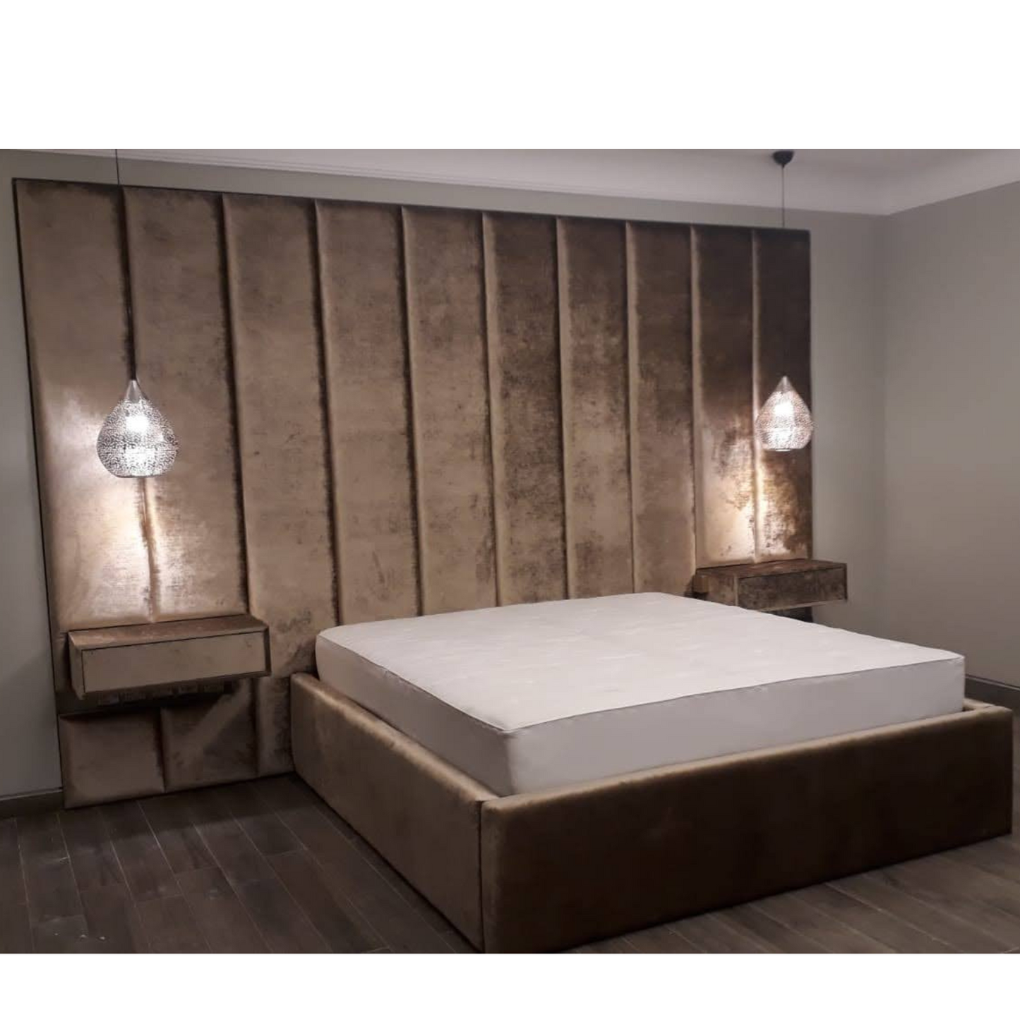 'Orion' Velvet Vertical Panel Bed with Integrated Nightstands