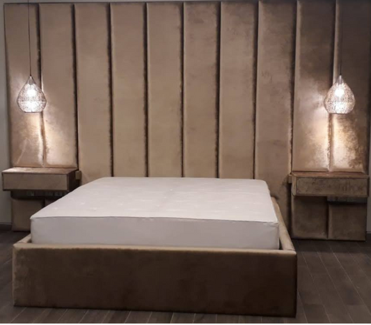 'Orion' Velvet Vertical Panel Bed with Integrated Nightstands